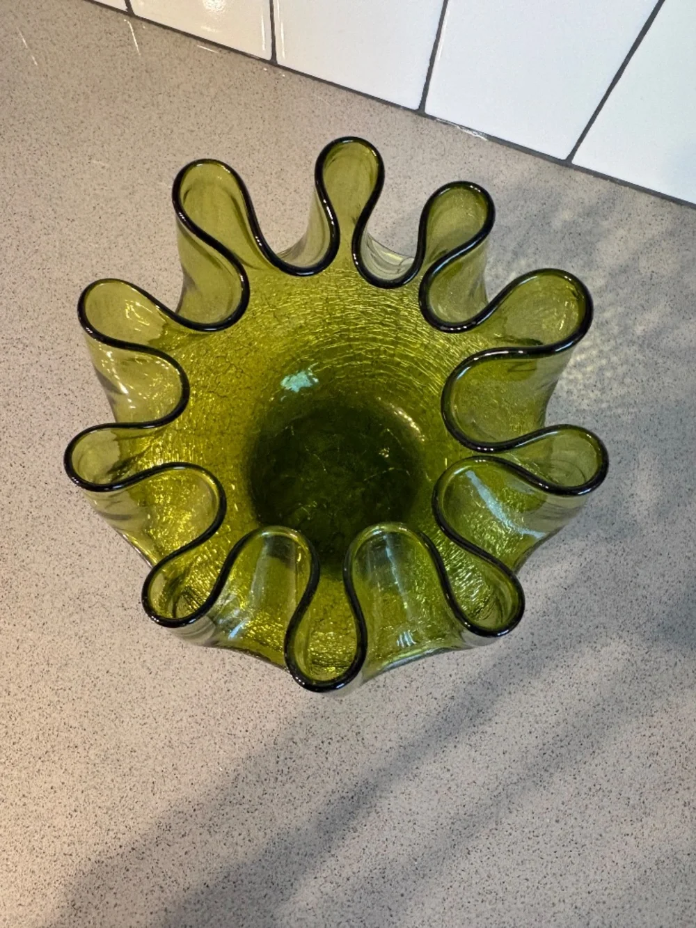 Blenko crackle glass bowl / vase with ruffled rim - avocado green